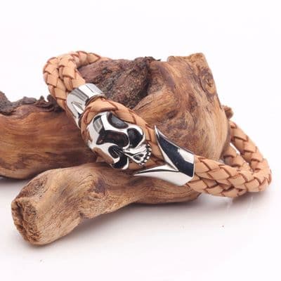 Natural Leather, Tribal Steel, Skull Bracelet (19cm)