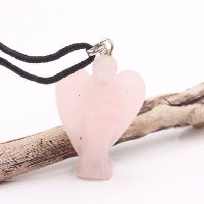 Rose Quartz Angel Pendant on black cord