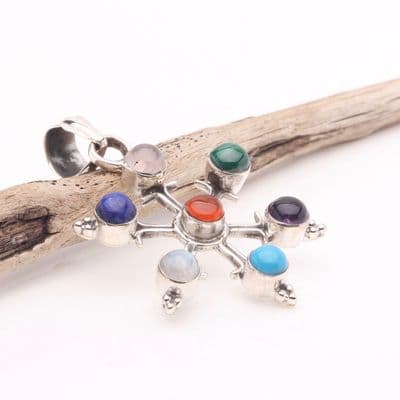 Star Shape Silver Pendant with Seven Gem Stones