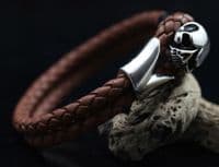 Tan Leather, Tribal Steel, Skull Bracelet (19cm)