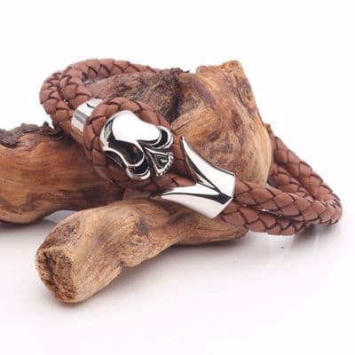 Tan Leather, Tribal Steel, Skull Bracelet (19cm)