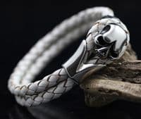 White Leather, Tribal Steel, Skull Bracelet (21cm)
