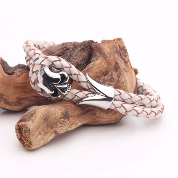 White Leather, Tribal Steel, Skull Bracelet (21cm)