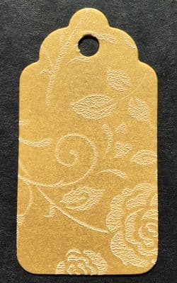 10 Scalloped Tags Pearlescent Gold Floral Embossed Card 6.25 x 3.25cm