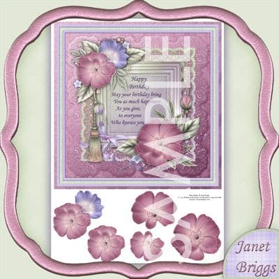 8x8 RASPBERRY & MINT FLORALS Topper & Decoupage printed sheet 523mb