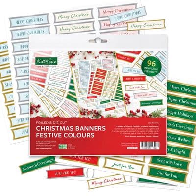 96 Foiled Christmas Banners Festive Colours by Katy Sue Designs - 4 sheets