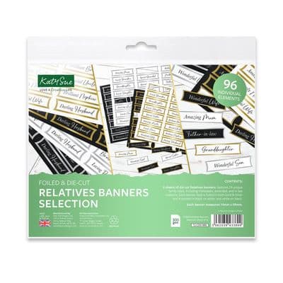 96 Foiled Relatives Banners by Katy Sue - Pack of 4 A5 Sheets