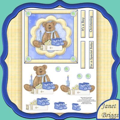 CHRISTENING BEAR BABY BOY Topper & Decoupage printed sheet