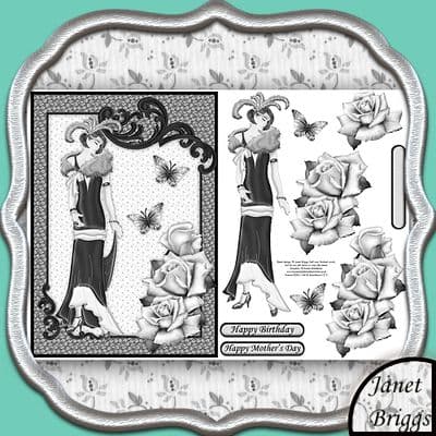 ART DECO LADY & ROSES in black & white  Printed sheet