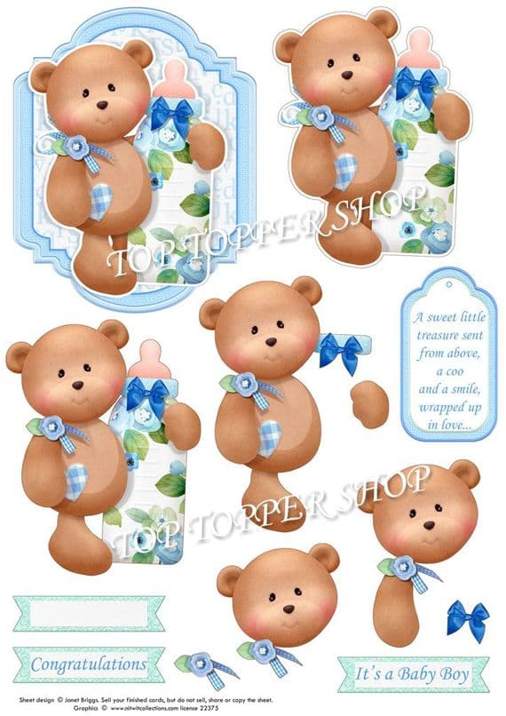 Baby Boy Bear & Bottle Topper & Decoupage Cardmaking printed sheet