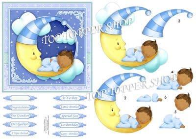 Baby Boy on Moon Dark Skin Topper & Decoupage Cardmaking printed sheet