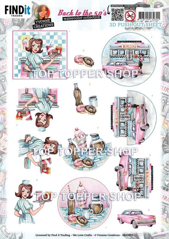 Back to the 50's Burgers  Die Cut Decoupage Sheet Yvonne Creations Push Out SB10835