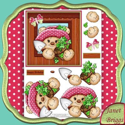 BEAR IN POTTING SHED Topper & Decoupage  printed sheet km399