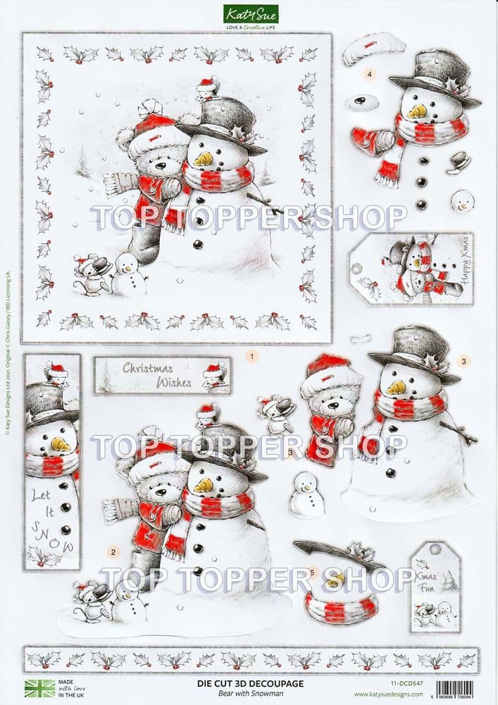 Bear With Snowman A4 Die Cut Christmas Decoupage Sheet - Katy Sue Designs for Free Printable Christmas Decoupage Sheets