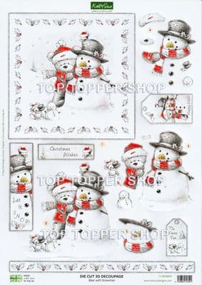 Bear With Snowman A4 Die Cut Christmas Decoupage Sheet - Katy Sue Designs