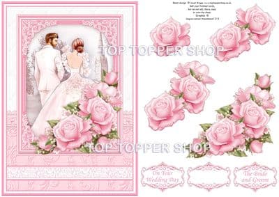 Bride & Groom in Pink Wedding Card Topper & Decoupage printed sheet