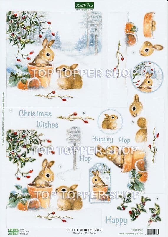 Bunnies in the Snow  A4 Die Cut Christmas Decoupage Sheet - Katy Sue Designs