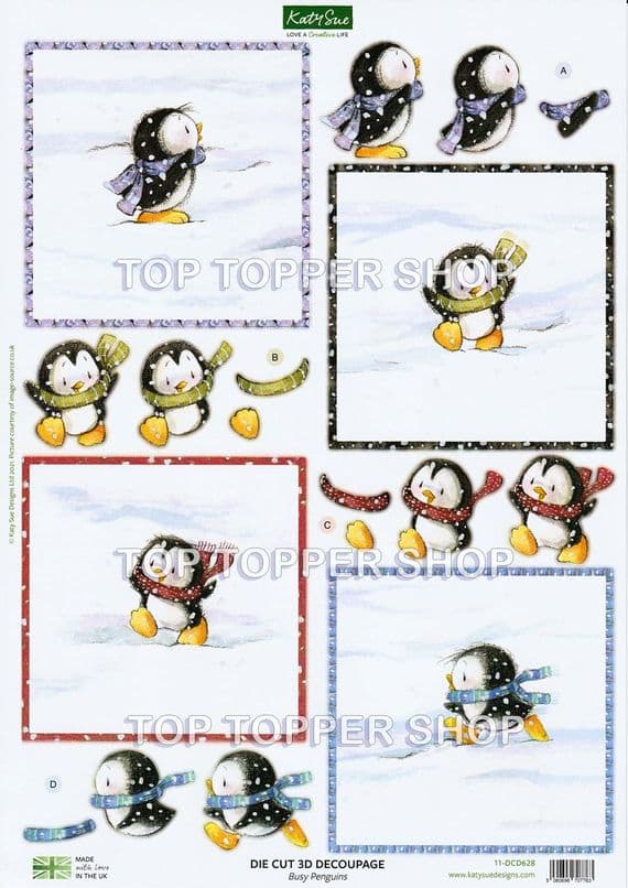 Busy Penguins  A4 Die Cut Christmas Decoupage Sheet - Katy Sue Designs