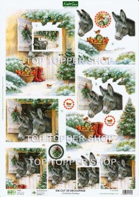 Christmas Donkeys  A4 Die Cut Christmas Decoupage Sheet - Katy Sue Designs