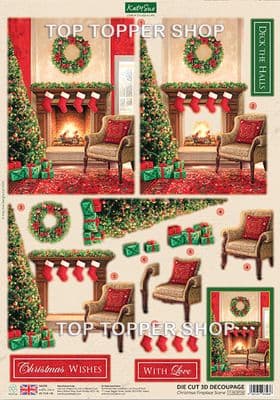 Christmas Fireplace Scene  A4 Die Cut Christmas Decoupage Sheet - Katy Sue Designs