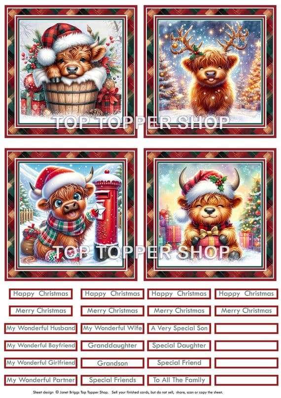 Christmas Highland Cows - Christmas Toppers for Card Making 290gsm TTSTOPX34
