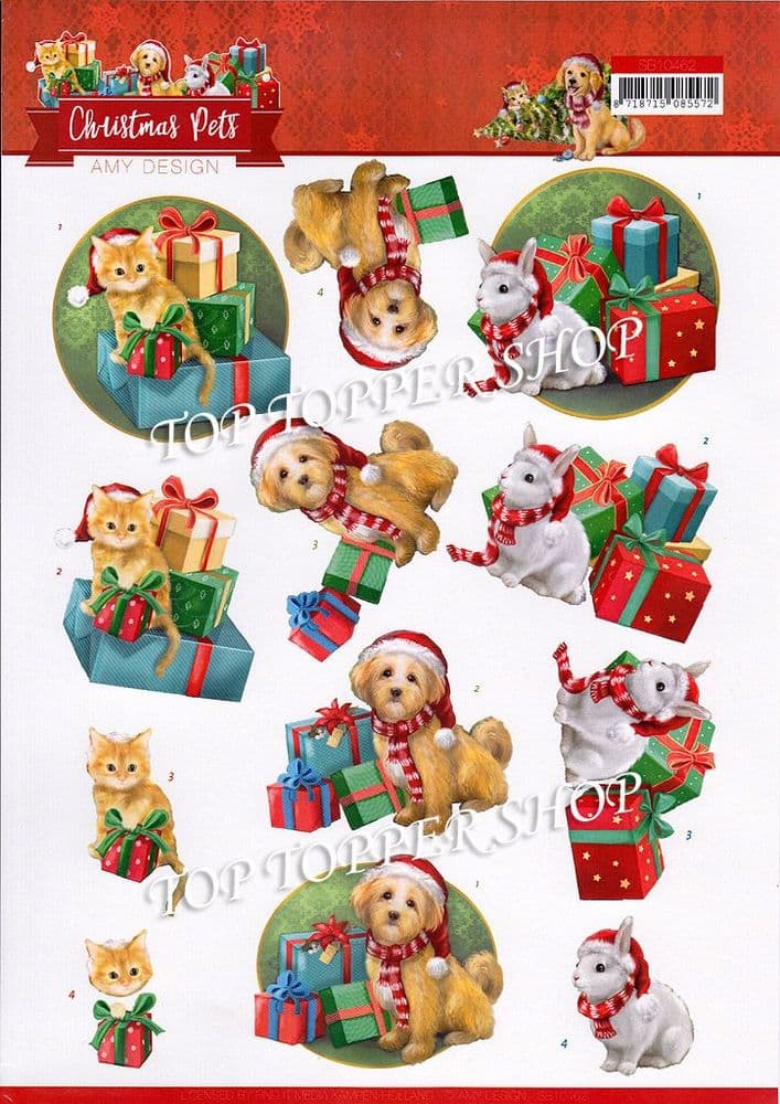 Christmas Pets Presents A4 Die Cut Decoupage Sheet Amy Design Push Out