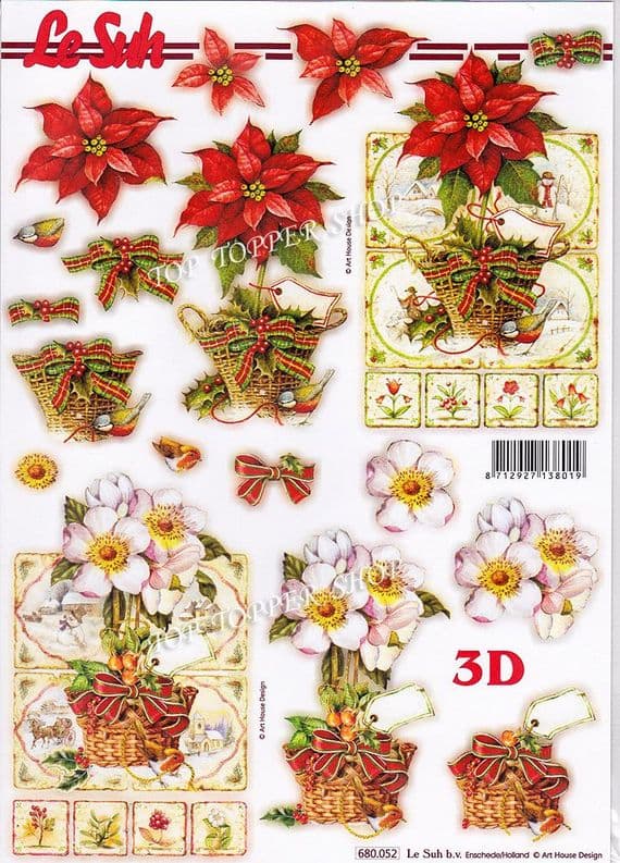 Christmas Poinsettia A4 Die Cut Decoupage Sheet Le Suh 680.052