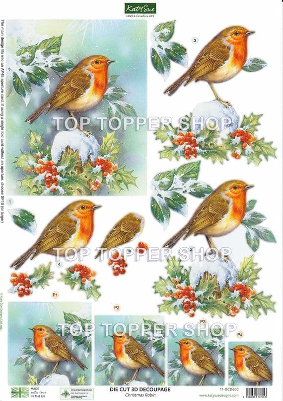 Christmas Robin  A4 Die Cut Christmas Decoupage Sheet - Katy Sue Designs