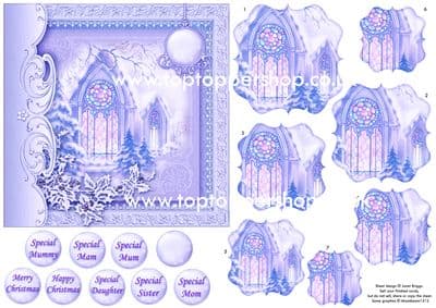 CHRISTMAS VINTAGE CHURCH card & Pyramage printed sheet 518vw