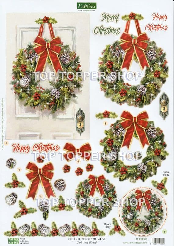 Christmas Wreath A4 Die Cut Christmas Decoupage Sheet - Katy Sue Designs