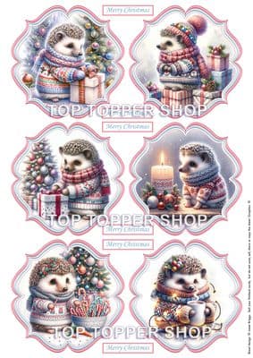 Cute Hedgehogs - 6 Christmas Toppers for Card Making 290gsm TTSTOPX17