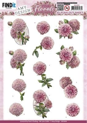Dahlia - Pink Florals  Die Cut Decoupage Sheet Yvonne Creations Push Out SB10898