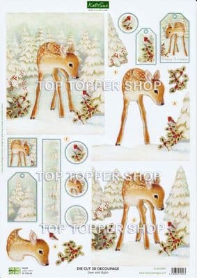 Deer With Robin  A4 Die Cut Christmas Decoupage Sheet - Katy Sue Designs