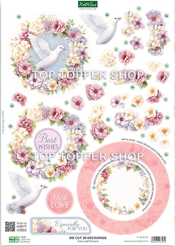 Dove with Flowers  A4 Die Cut Decoupage Sheet - Katy Sue Designs