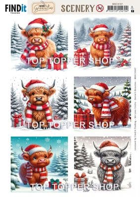 Festive Highland Cows  A4 Christmas Die Cut Toppers Berrie's Beauties Scenery Push Out BBSC10107
