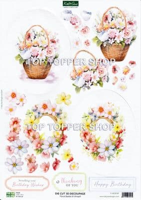 Floral Basket & Wreath  A4 Die Cut Decoupage Sheet - Katy Sue Designs