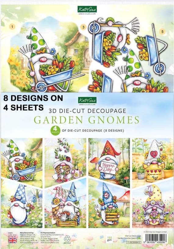 Garden Gnomes - 4 Pack - A4 Die Cut Decoupage Sheets - Katy Sue Designs