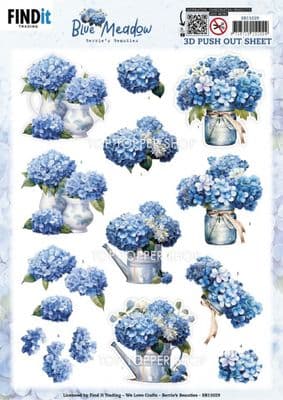 Hydrangea- Blue Meadow Die Cut Decoupage Sheet Berrie's Beauties Push Out SB11029