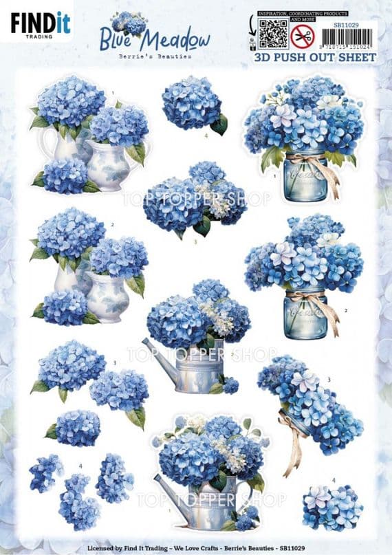Hydrangea- Blue Meadow Die Cut Decoupage Sheet Berrie's Beauties Push Out SB11029