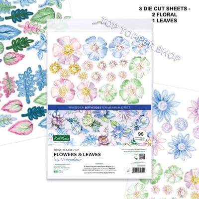 Icy Watercolour Flowers & Leaves 3 A4 Die Cut Elements Sheets - Katy Sue Designs DCE003WC