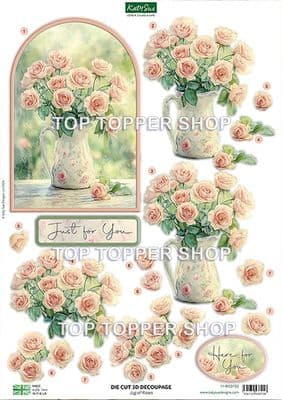 Jug of Roses  A4 Die Cut Decoupage Sheet - Katy Sue Designs