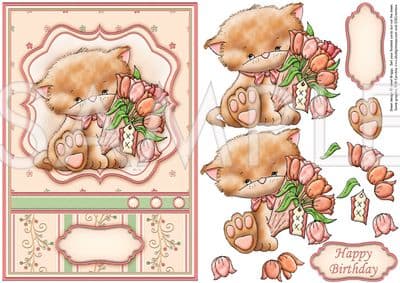 Kitty With Bouquet Card Front & Decoupage Printed Sheet 554dd