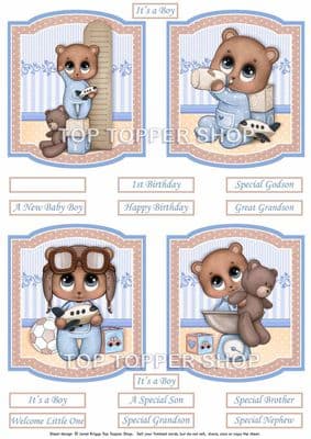 New Baby Boy Bear Toppers for Card Making 290gsm TTSTOP1