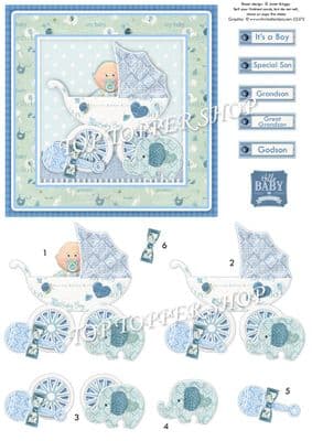 New Baby Boy in Pram Decoupage printed sheet