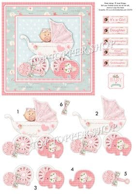 New Baby Girl in Pram Decoupage printed sheet