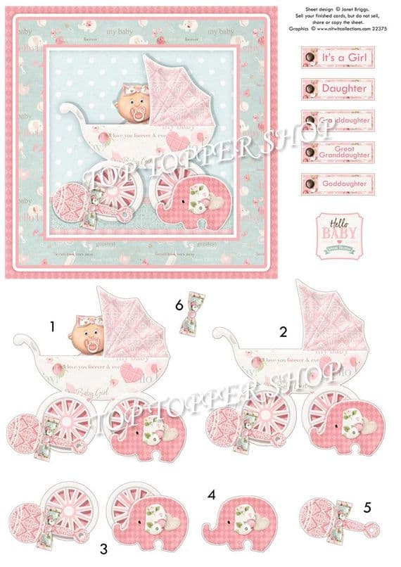 New Baby Girl in Pram Decoupage printed sheet