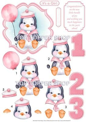 New Baby Girl Penguin Topper & Decoupage Cardmaking printed sheet