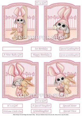 New Baby Girl Rabbit Toppers for Card Making 290gsm TTSTOP2