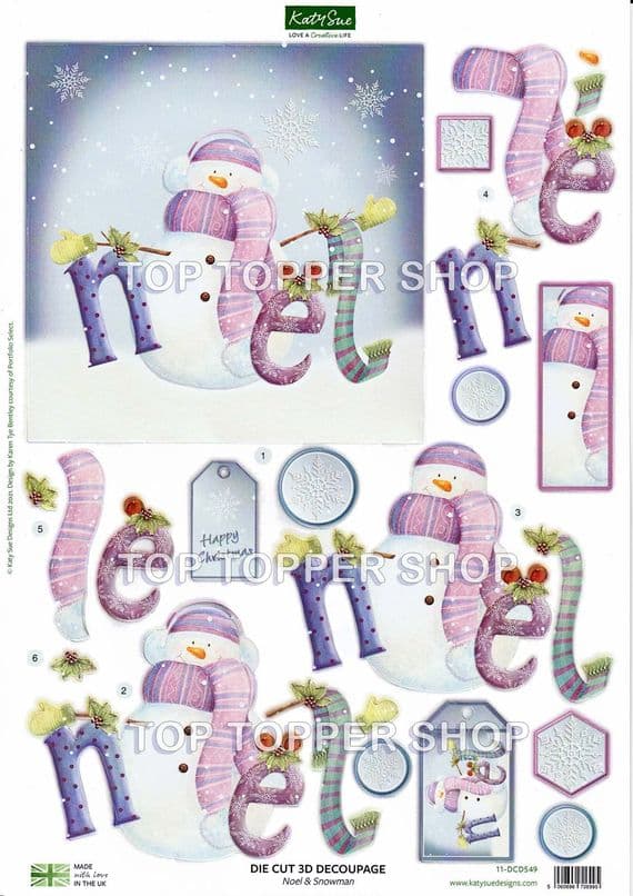 Noel & Snowman A4 Die Cut Christmas Decoupage Sheet - Katy Sue Designs