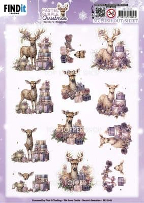 Pastel Purple Christmas Deer Die Cut Decoupage Sheet Berrie's Beauties Push Out SB11042